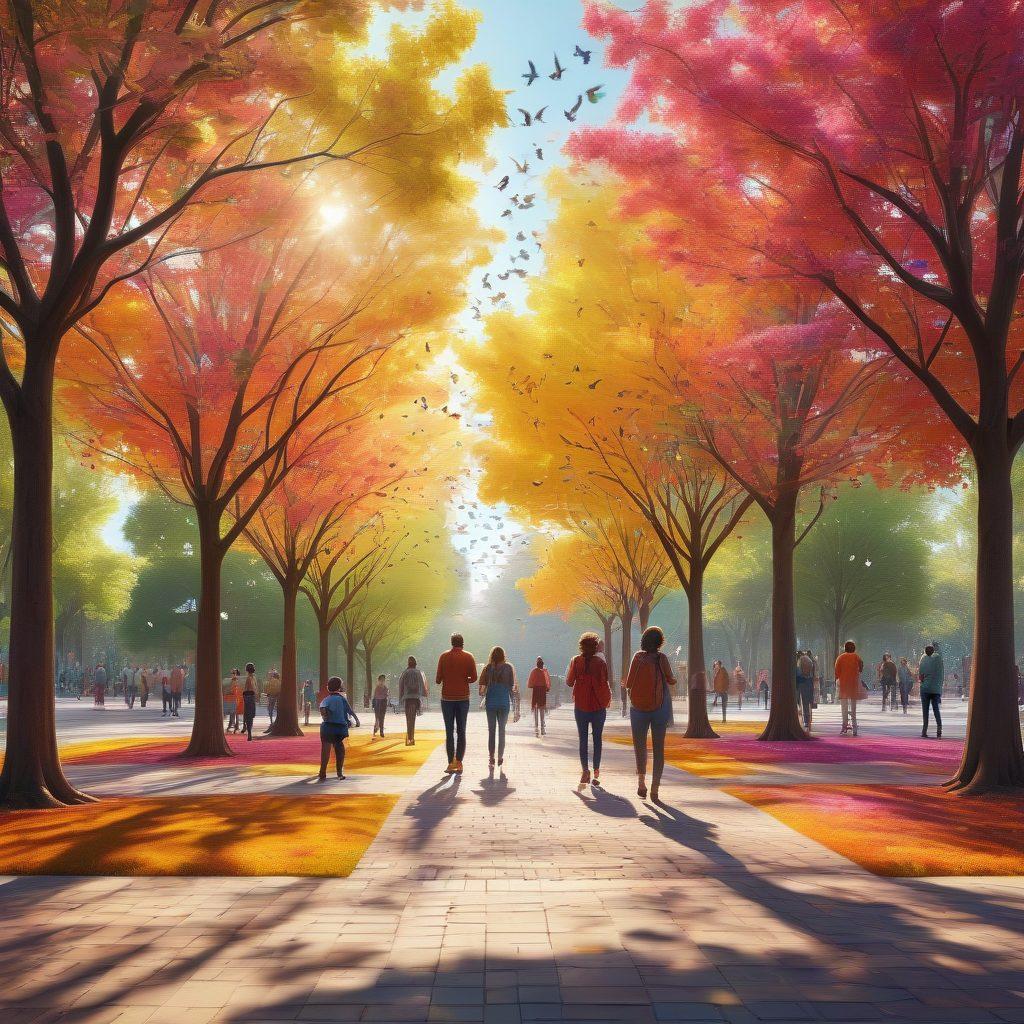 A warm, inviting scene of diverse people of different ages and backgrounds connecting joyfully while using their smartphones. Include colorful cellular signals swirling around them, symbolizing connectivity, happiness, and satisfaction. Background features a bright, sunny park setting with playful elements like birds and butterflies. super-realistic. vibrant colors. 3D.