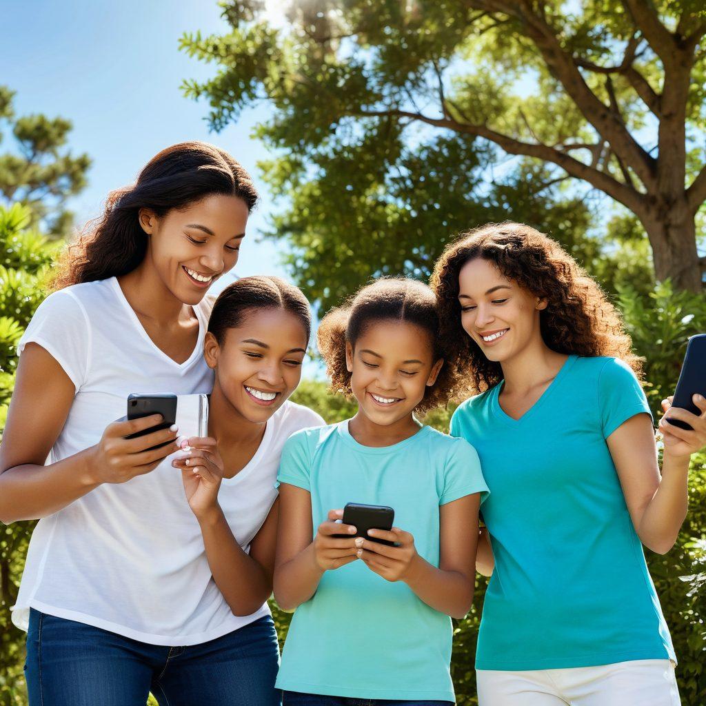 A joyful family using their smartphones outdoors, surrounded by vibrant greenery and bright blue skies. Each family member is engaged with their device, showcasing different cellular plans on screen. Lively expressions of happiness and togetherness highlight the theme of connectivity. Include icons of cellular signals and data plans subtly in the background, creating a seamless integration of technology and nature. vibrant colors. super-realistic.