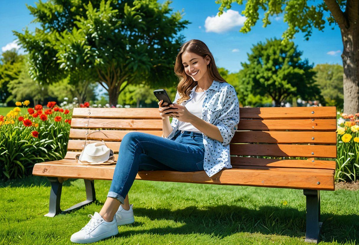 An inviting scene of a joyful person using a smartphone in a sunny park, surrounded by colorful flowers and vibrant greenery, showcasing icons of various mobile plans floating around. The expression of happiness and contentment as they scroll through their favorite apps symbolizes the right mobile plan enhancing their life. Background features a serene blue sky with fluffy clouds. vibrant colors. super-realistic. sunny ambiance.